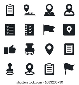 Set of vector isolated black icon - stamp vector, navigation, pin, clipboard, finger up, place tag, checklist, flag
