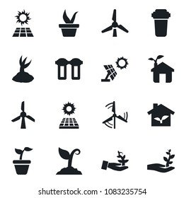 Set of vector isolated black icon - seedling vector, sproute, sun panel, windmill, eco house, water filter, palm