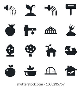 Set of vector isolated black icon - watering vector, sproute, plant label, greenhouse, drip irrigation, fruit tree, salad, apple, eco house