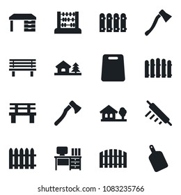 Set of vector isolated black icon - abacus vector, desk, fence, axe, bench, house with tree, rolling pin, cutting board