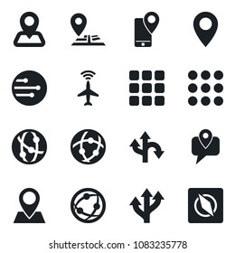 Set of vector isolated black icon - plane radar vector, route, navigation, pin, mobile tracking, network, menu, compass