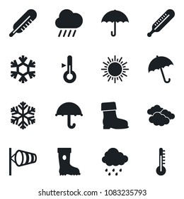 Set of vector isolated black icon - umbrella vector, sun, clouds, wind, boot, rain, thermometer, snowflake
