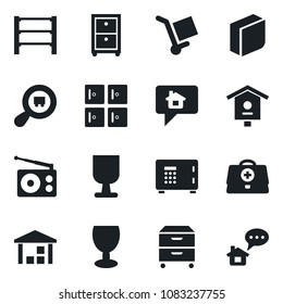 Set of vector isolated black icon - safe vector, checkroom, bird house, doctor case, fragile, cargo, warehouse, search, rack, radio, blank box, archive, home message