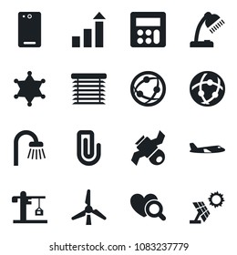 Set of vector isolated black icon - plane vector, growth statistic, heart diagnostic, satellite, network, phone back, calculator, paper clip, desk lamp, windmill, bathroom, crane, jalousie, police