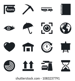Set of vector isolated black icon - airport bus vector, umbrella, radar, presentation board, factory, eye, earth, up side sign, warehouse, heart, copybook, rooms, scan, clock, hard work, sand