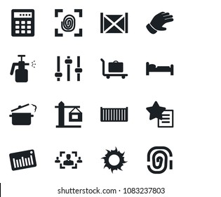 Set of vector isolated black icon - baggage trolley vector, bed, glove, sun, garden sprayer, cargo container, barcode, favorites list, tuning, hr, crane, steaming pan, fingerprint, combination lock
