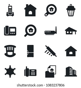 Set of vector isolated black icon - house vector, office phone, with garage, estate document, search, children room, fridge, rolling pin, router, intercome, outdoor lamp, police, building