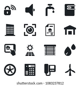 Set of vector isolated black icon - warehouse vector, water supply, estate document, city house, fan, wireless lock, heater, intercome, home control app, sound, jalousie, eye scan, sun panel