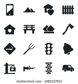 Set of vector isolated black icon - smoking place vector, boarding, farm fork, fence, axe, bench, traffic light, cell phone, bell, mountains, sweet home, crane, serviette, car