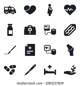 Set of vector isolated black icon - heart pulse vector, doctor case, diagnosis, blood pressure, pills, ampoule, scalpel, ambulance car, hospital bed, joint, pregnancy, hot dog, palm sproute
