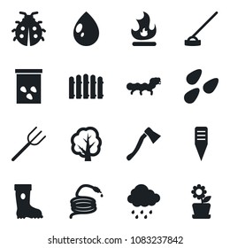 Set of vector isolated black icon - farm fork vector, fence, tree, boot, lady bug, fire, water drop, rain, hose, hoe, axe, plant label, seeds, caterpillar, flower in pot