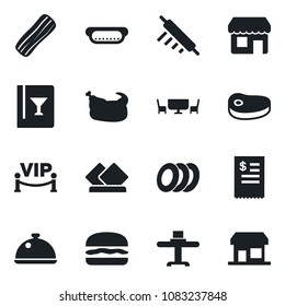 Set of vector isolated black icon - dish vector, restaurant table, wine card, plates, bacon, cafe, vip zone, receipt, chicken, steak, hamburger, hot dog, rolling pin, serviette, storefront