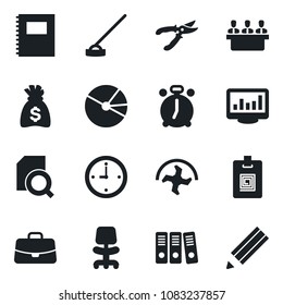 Set of vector isolated black icon - alarm clock vector, office chair, case, money bag, ripper, pruner, hoe, copybook, monitor statistics, pie graph, document search, identity card, paper binder