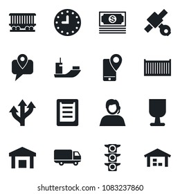 Set of vector isolated black icon - route vector, railroad, satellite, cash, traffic light, support, mobile tracking, sea shipping, cargo container, car delivery, clock, clipboard, fragile