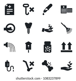 Set of vector isolated black icon - rake vector, watering, bird house, diagnosis, dropper, pills bottle, tomography, implant, broken bone, hospital, up side sign, no trolley, hook, palm sproute