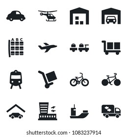 Set of vector isolated black icon - train vector, baggage larry, helicopter, seat map, airport building, bike, plane, sea shipping, car delivery, cargo, garage, warehouse, moving
