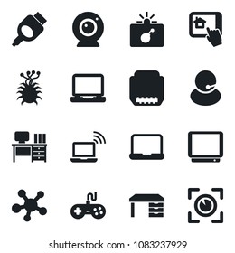 Set of vector isolated black icon - bomb in case vector, wireless notebook, desk, virus, support, gamepad, tv, laptop pc, share, hdmi, web camera, home control app, eye scan