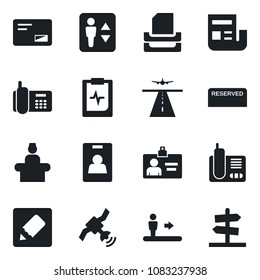 Set of vector isolated black icon - runway vector, elevator, escalator, reception, identity card, pulse clipboard, office phone, satellite, radio, mail, notes, news, paper tray, reserved, guidepost