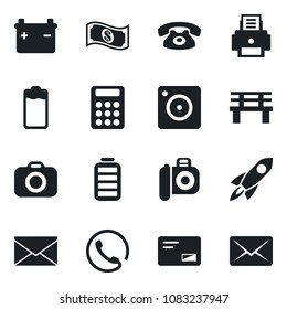 Set of vector isolated black icon - mail vector, bench, camera, battery, mobile, calculator, printer, phone, rocket, cash