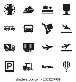 Set of vector isolated black icon - departure vector, arrival, baggage conveyor, airport bus, parking, fork loader, plane, earth, sea shipping, truck trailer, fragile, cargo, moving, air balloon
