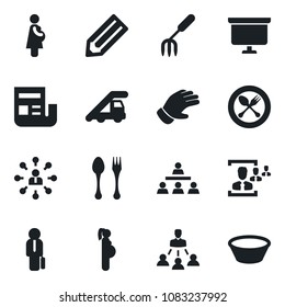 Set of vector isolated black icon - spoon and fork vector, ladder car, hierarchy, presentation board, pencil, garden, glove, pregnancy, news, hr, manager, bowl