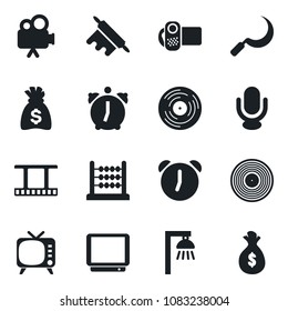 Set of vector isolated black icon - money bag vector, sickle, film frame, vinyl, tv, video camera, microphone, alarm, abacus, rolling pin, outdoor lamp