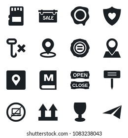 Set of vector isolated black icon - no laptop vector, stamp, plant label, heart shield, pin, fragile, up side sign, hook, sd, place tag, sale, menu, open close, paper plane