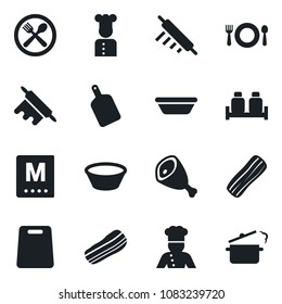 Set of vector isolated black icon - cook vector, cafe, menu, bacon, salt and pepper, ham, bowl, rolling pin, cutting board, steaming pan