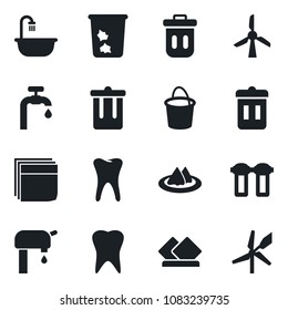 Set of vector isolated black icon - trash bin vector, bucket, tooth, blank box, water supply, bathroom, serviette, filter, windmill