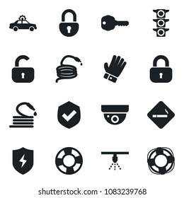 Set of vector isolated black icon - smoking place vector, alarm car, glove, hose, traffic light, shield, protect, lock, key, surveillance, sprinkler, crisis management
