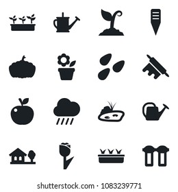 Set of vector isolated black icon - flower in pot vector, watering can, sproute, seedling, rain, plant label, pumpkin, seeds, tulip, house with tree, pond, rolling pin, apple fruit, water filter