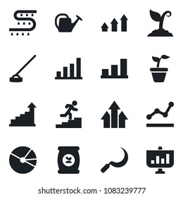 Set of vector isolated black icon - growth statistic vector, seedling, watering can, sproute, hoe, sickle, fertilizer, drip irrigation, bar graph, pie, point, career ladder, arrow up, presentation