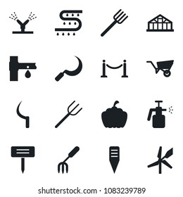 Set of vector isolated black icon - fence vector, garden fork, farm, wheelbarrow, sickle, plant label, pumpkin, greenhouse, sprayer, drip irrigation, windmill