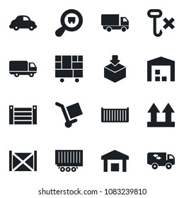 Set of vector isolated black icon - truck trailer vector, cargo container, car delivery, consolidated, up side sign, no hook, warehouse, package, search, moving