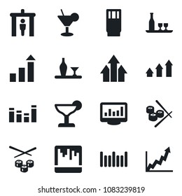 Set of vector isolated black icon - security gate vector, growth statistic, barcode, equalizer, scanner, monitor statistics, alcohol, drink, cocktail, sushi, arrow up graph