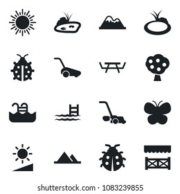 Set of vector isolated black icon - sun vector, lawn mower, butterfly, lady bug, pond, picnic table, brightness, pool, fruit tree, mountains, alcove