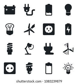 Set of vector isolated black icon - bulb vector, battery, low, charge, desk lamp, windmill, socket, power plug, energy saving, idea