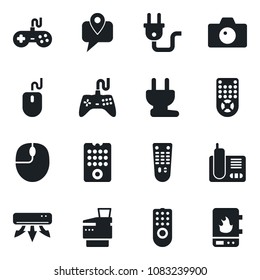 Set of vector isolated black icon - camera vector, mouse, mobile tracking, gamepad, remote control, radio phone, copier, air conditioner, power plug, water heater