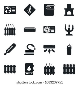 Set of vector isolated black icon - hose vector, fireplace, thermometer, heater, air conditioner, candle, water, smoke detector, radiator
