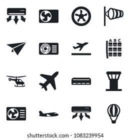 Set of vector isolated black icon - plane vector, airport tower, departure, wind, helicopter, seat map, air conditioner, fan, paper, balloon