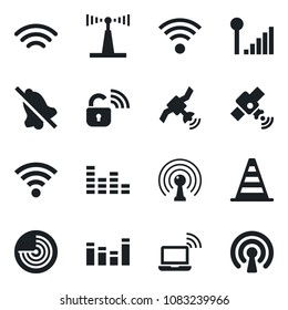 Set of vector isolated black icon - wireless notebook vector, border cone, radar, antenna, satellite, equalizer, mute, cellular signal, lock