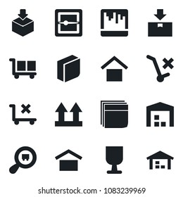 Set of vector isolated black icon - fragile vector, cargo, warehouse storage, up side sign, no trolley, package, search, scanner, blank box