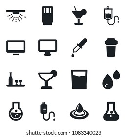 Set of vector isolated black icon - dropper vector, monitor, alcohol, drink, cocktail, water, filter, sprinkler, flask