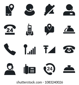 Set of vector isolated black icon - reception bell vector, office phone, 24 hours, support, mobile tracking, call, mute, cellular signal