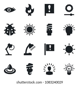 Set of vector isolated black icon - sun vector, lady bug, fire, eye, important flag, brightness, desk lamp, water, energy saving bulb, shining head, idea