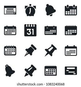 Set of vector isolated black icon - drawing pin vector, calendar, term, paper, alarm, bell, schedule