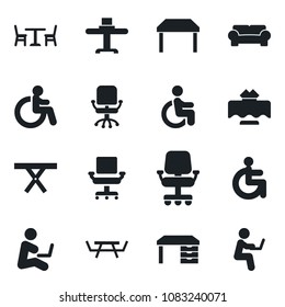 Set of vector isolated black icon - cafe vector, disabled, office chair, desk, picnic table, cushioned furniture, restaurant, man with notebook