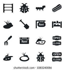 Set of vector isolated black icon - job vector, garden fork, lady bug, caterpillar, pond, rack, rent, bacon, open close