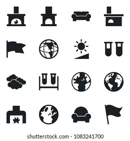 Set of vector isolated black icon - clouds vector, fireplace, blood test vial, earth, brightness, cushioned furniture, flag