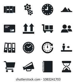 Set of vector isolated black icon - automatic door vector, escalator, clock, cargo, up side sign, loudspeaker, group, mail, copybook, paper binder, mountains, gear, cart, sand